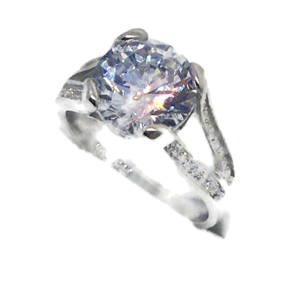 4 prong princess cz white gold on silver ring band